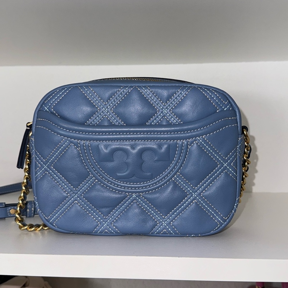 TORY BURCH Fleming Soft Quilted Pochette Shoulder Bag Leather blue